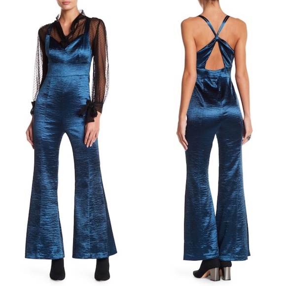 Free People Satin Jumpsuit Open Back X Cross Flare - Picture 3 of 7